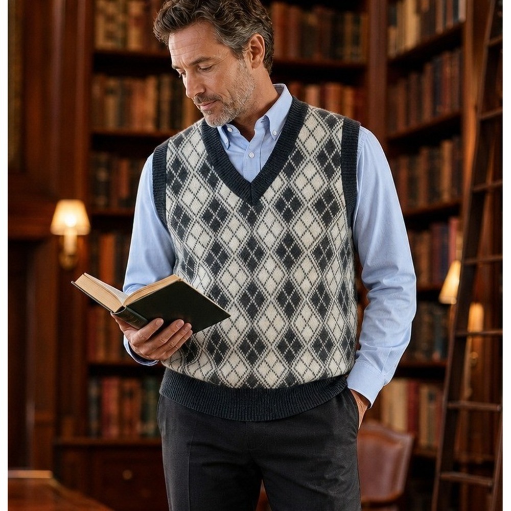 Mens Argyle Sweater Vest Wool Cashmere Blend Grey Cream V-Neck Dark Academia L